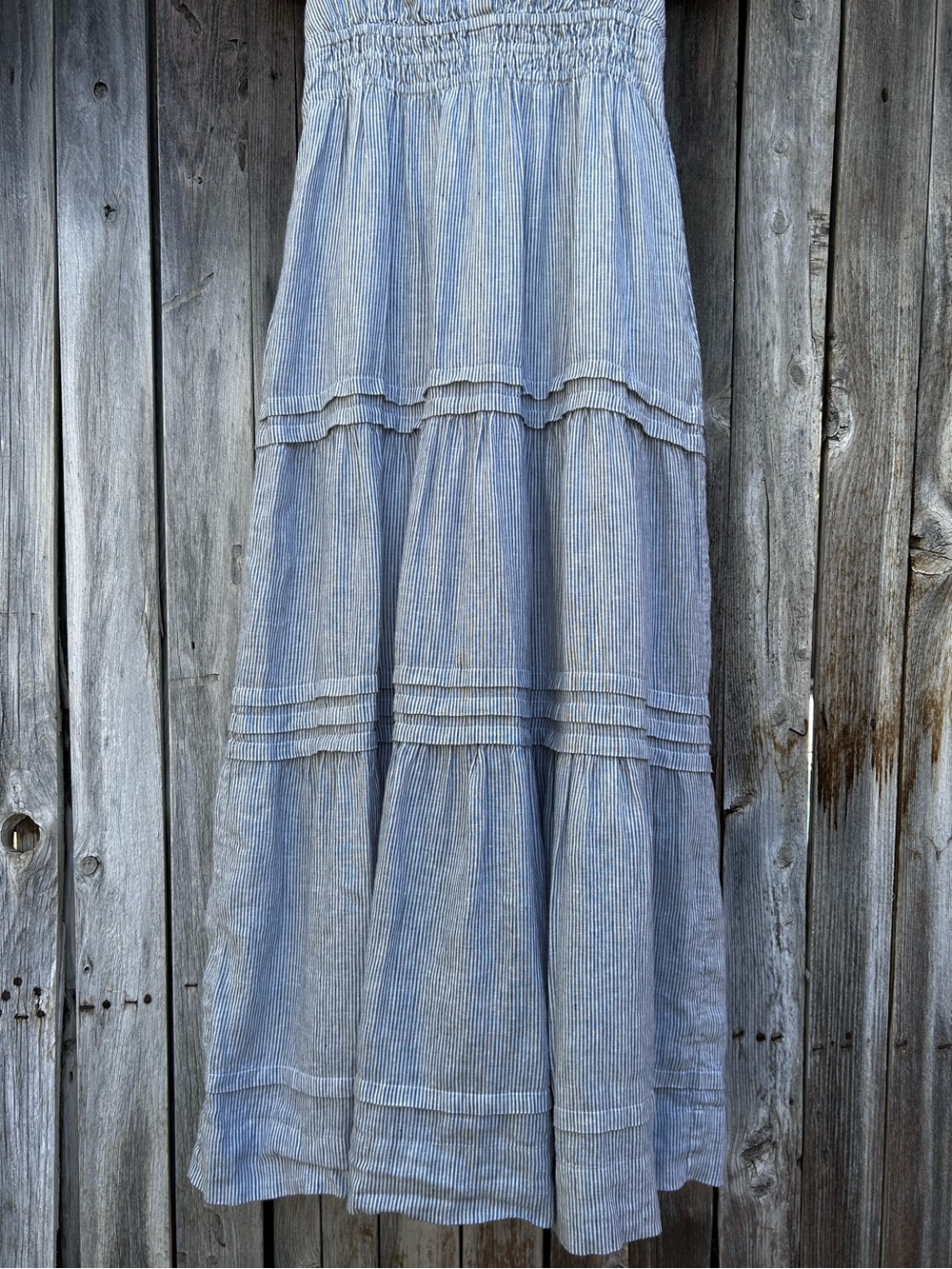 Quince Linen Tiered Maxi Dress Blue Pinstripe S - Picture 9 of 16